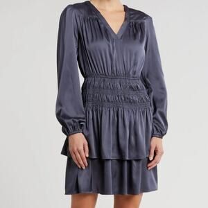 GREY COLLECTIVE NWT Long Sleeve V-Neck Smocked Tiered Flounce Silky Mini Dress L